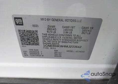 2021 Chevrolet Traverse Lt из США, поврежденный, VIN 1GNERHKW4MJ233642